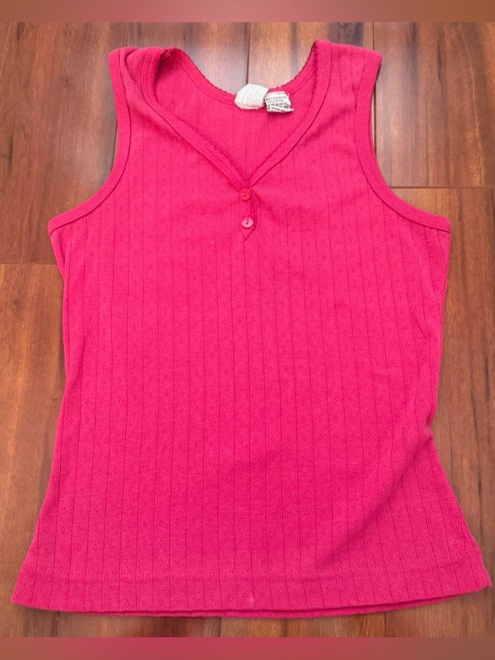 Vintage Bright Pink Ribbed Tank Top with Button V-Neck
